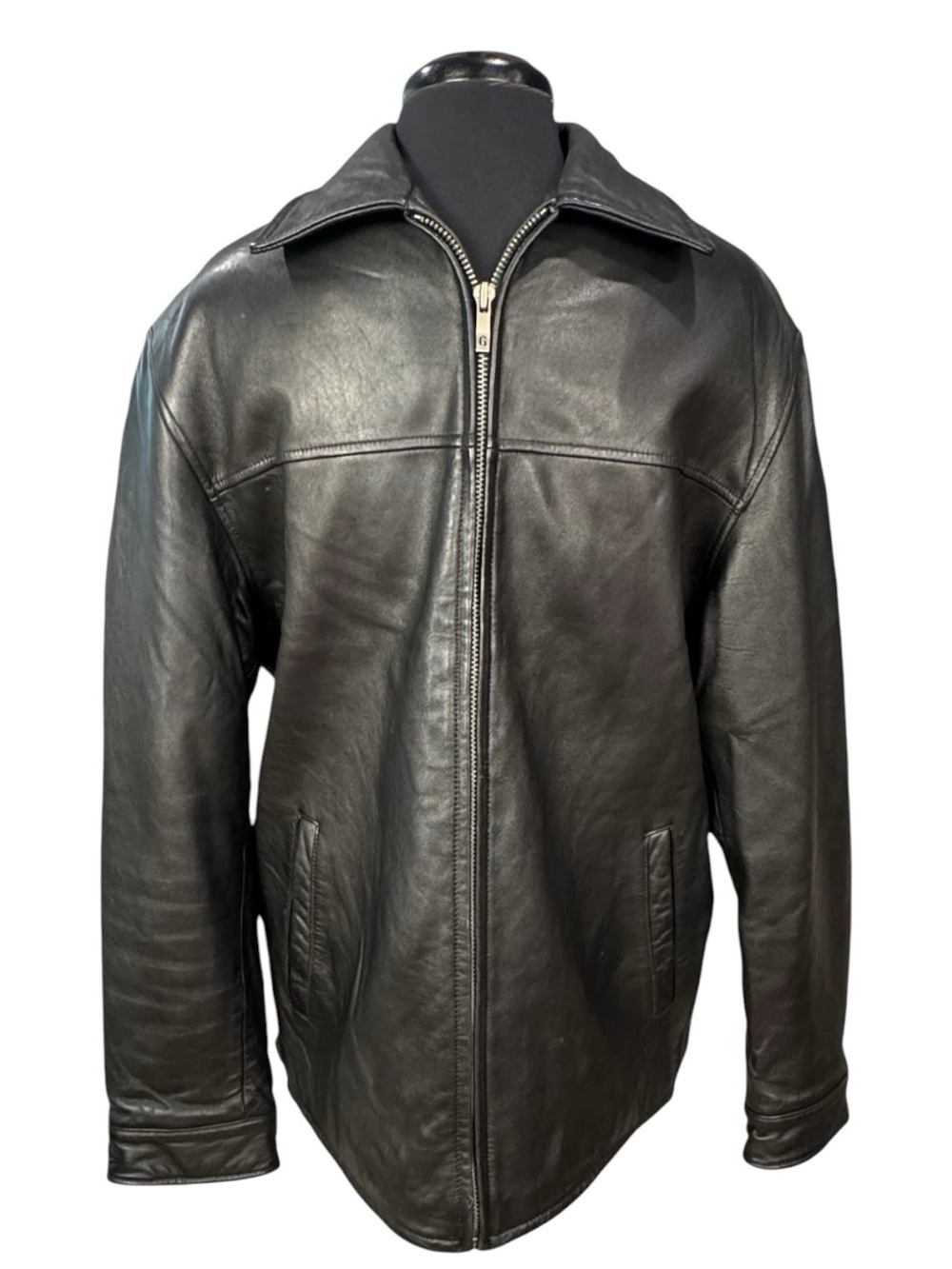Vintage Y2K GUESS Black Genuine Leather Zip Front Jacket Men’s Size Large
